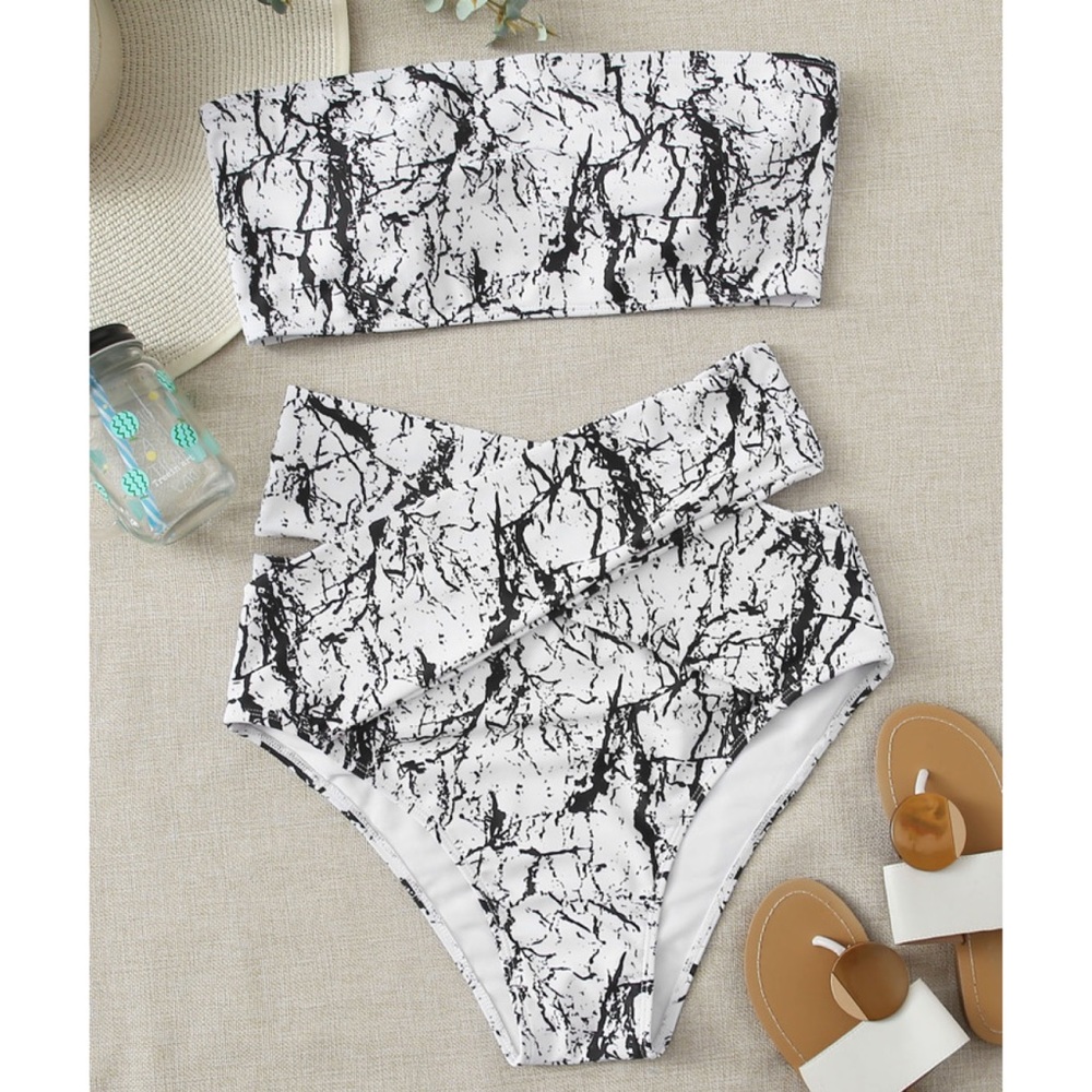 SHEIN Plus Bandeau Black White Marble Bikini 2XL
